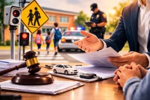 A legal setting showing documents and a gavel with a background of a Dallas school zone, representing the steps for ticket dismissal and avoiding driving record points.