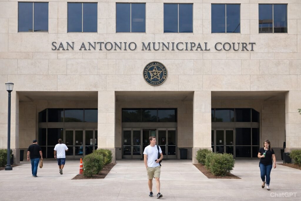 Exterior view of the San Antonio Municipal Court building where drivers go for traffic ticket hearings and defensive driving requests.