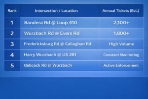 Table of high-volume traffic ticket intersections in Texas for 2026 including Bandera Rd and Wurzbach Rd.