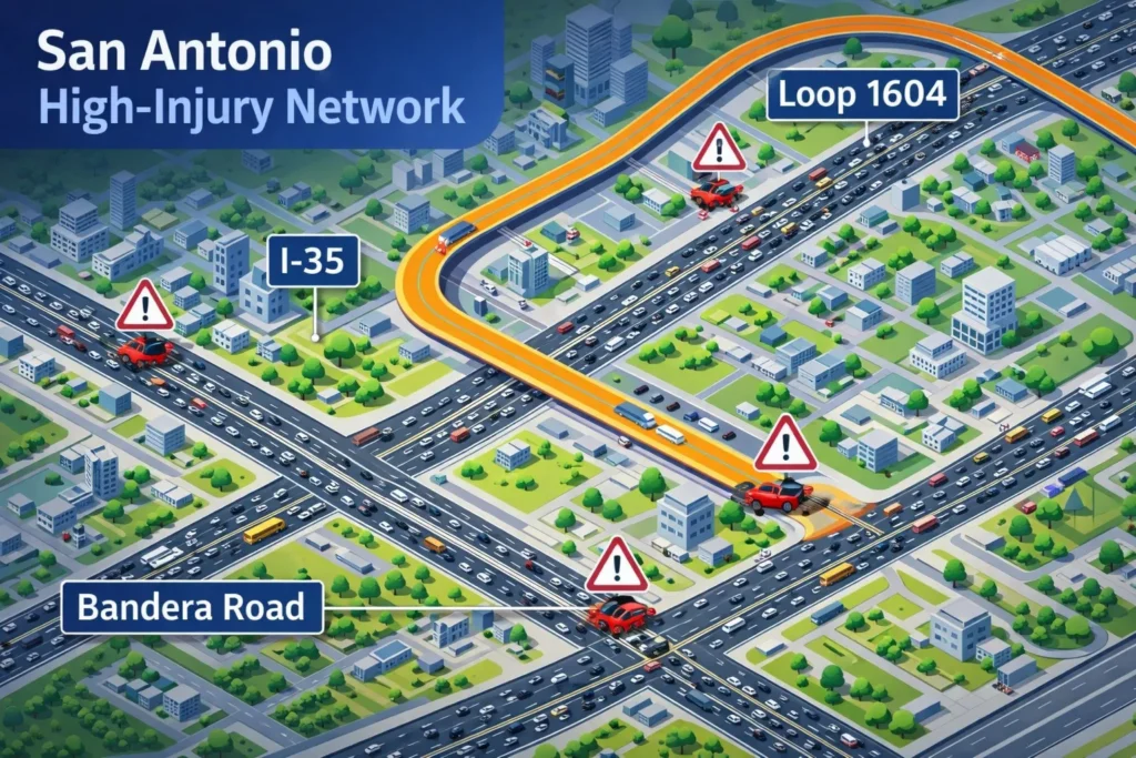 An illustrative map of the San Antonio High-Injury Network featuring accident hotspots on I-35, Loop 1604, and Bandera Road.