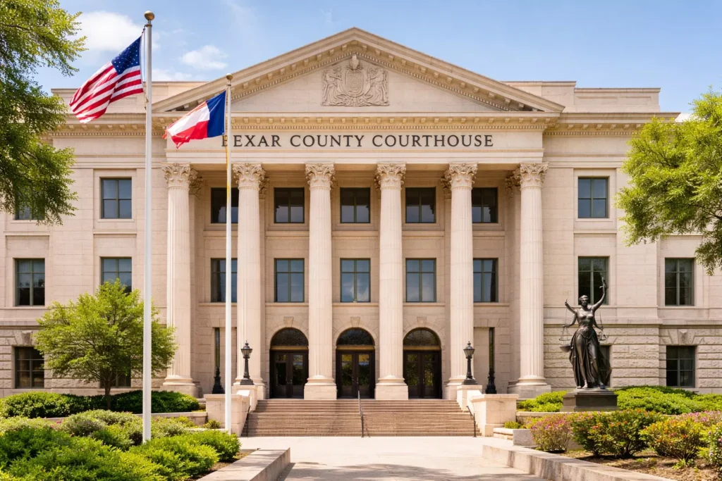 Exterior view of the Bexar County Courthouse in San Antonio with Texas and US flags.