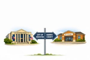 Illustration of City of Houston Municipal Court and Harris County JP Court with directional sign, representing options to dismiss a speeding ticket in Houston.