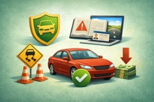 Illustration of a car with safety shield, traffic warning signs, driver education book, and money savings concept showing options to dismiss a speeding ticket in Houston.