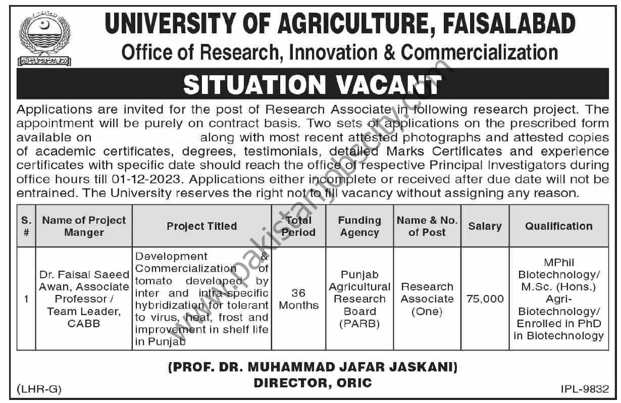 University Of Agriculture Faisalabad Jobs 24 November 2023 Dawn