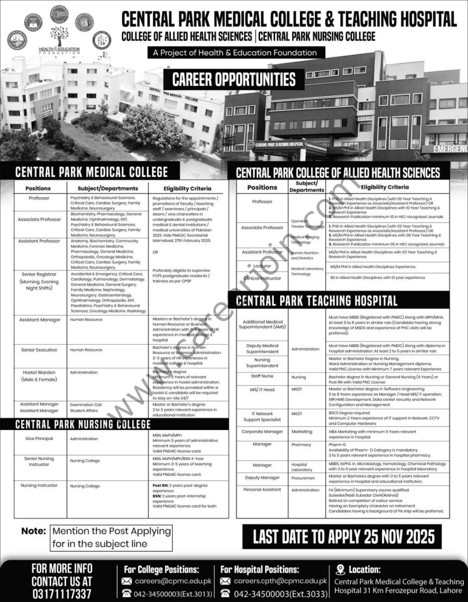 Central Park Medical College & Teaching Hospital Jobs November 2025 4 Central Park Medical College Teaching Hospital Jobs 09 November 2025 Express 932x1200 1