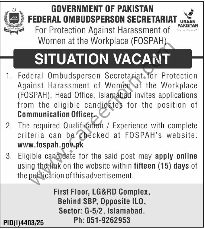 Federal Ombudsperson Secretariat Jobs 27 November 2025 Dawn