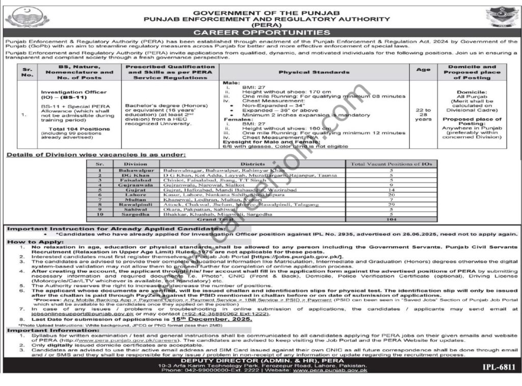 Punjab Enforcement Regulatory Authority PERA Jobs 28 November 2025 Express Tribune 1200x887 1