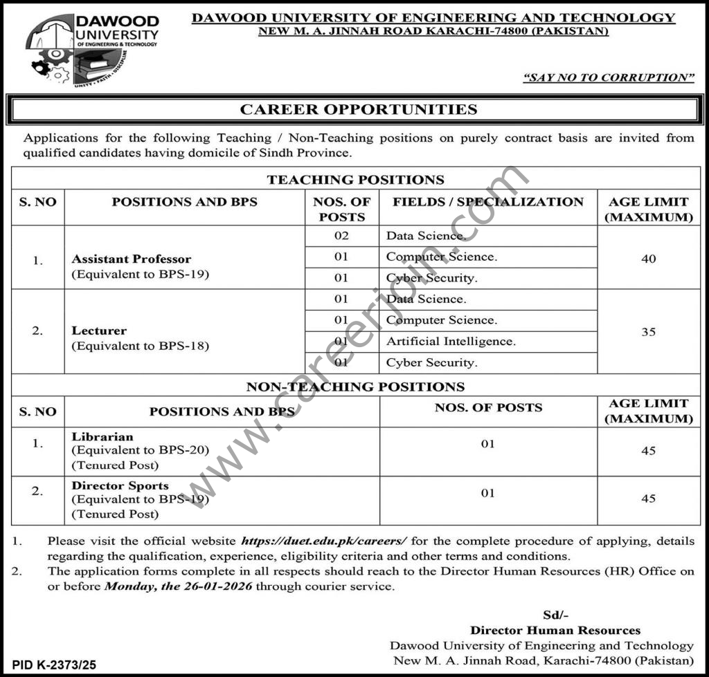 Dawood University Of Engineering Technology Jobs 13 January 2026 Express 1