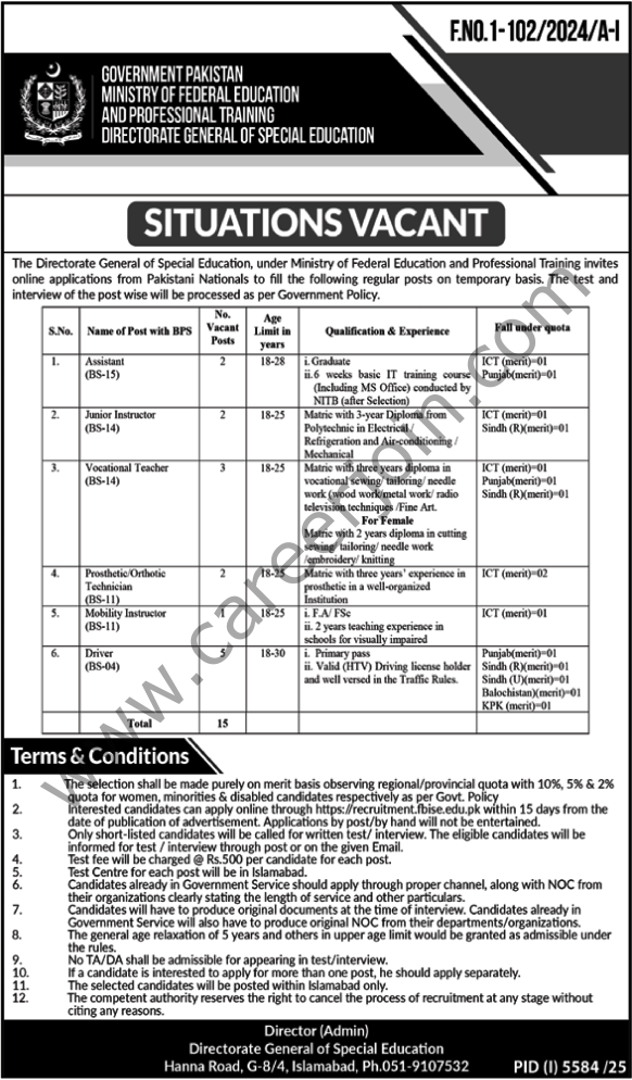 Directorate General of Special Education Jobs 08 January 2026 Nawaiwaqt