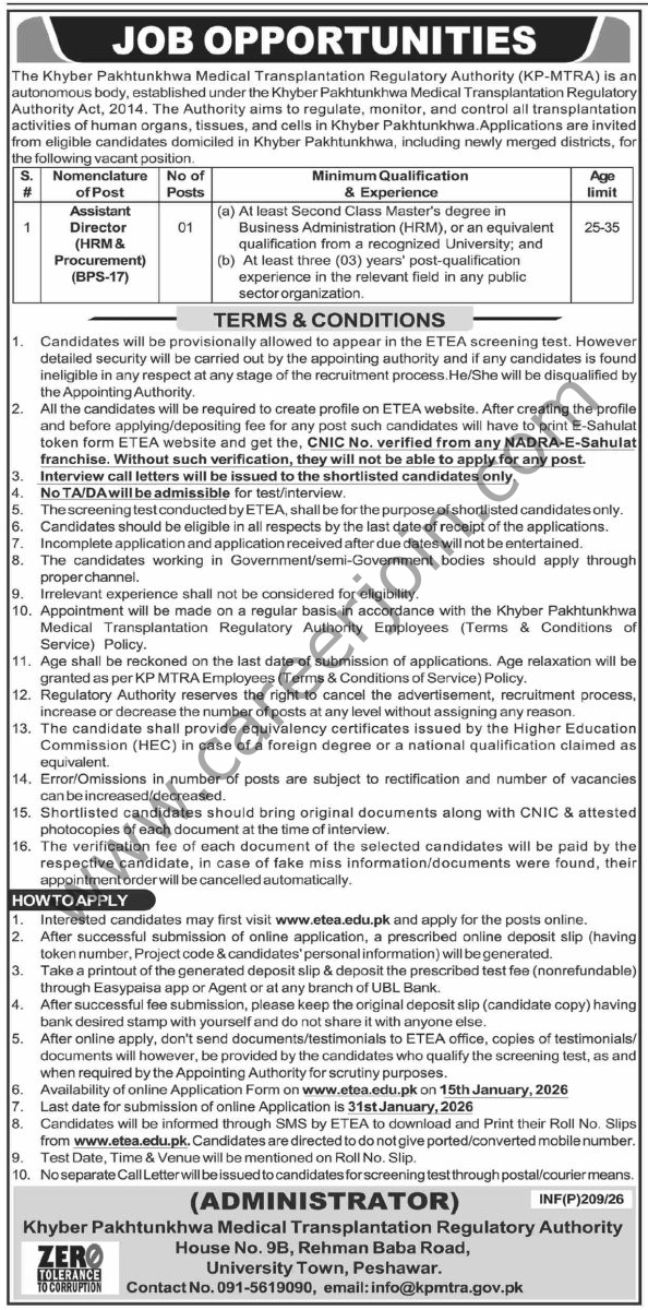 KP Medical Transplantation Regulatory Authority KPMTRA Jobs 15 Janauary 2026 Dawn 594x1200 1
