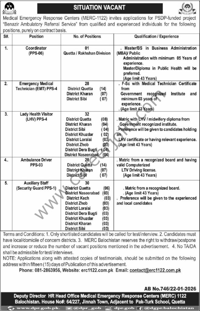 Medical Emergency Response Centers MERC 1122 Jobs 23 January 2026 Express Tribune 772x1200 1