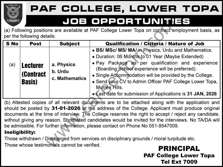 PAF College Lower Topa Jobs 08 January 2026