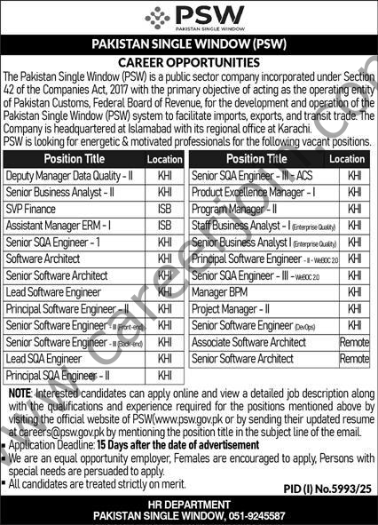 Pakistan Single Window PSW Jobs 23 January 2026