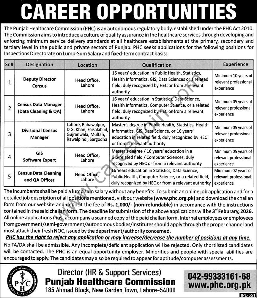 Punjab Healthcare Commission PHC Jobs 16 January 2026