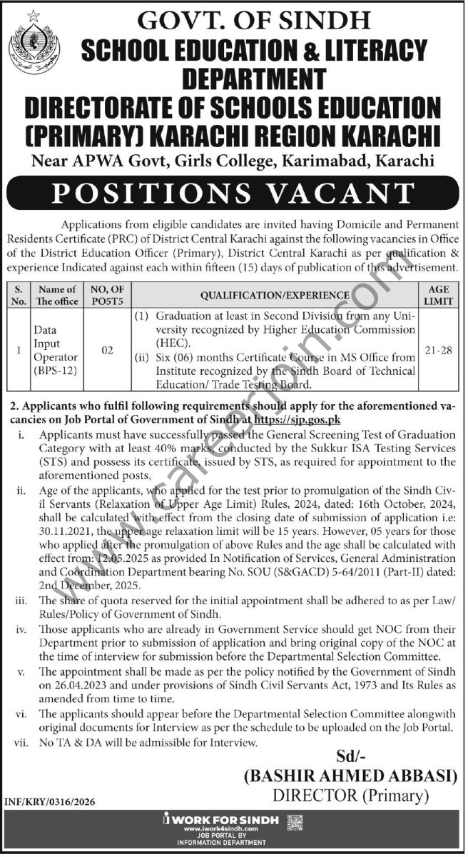 School Education Literacy Dept Sindh Jobs 29 January 2026 Express Tribune 656x1200 1