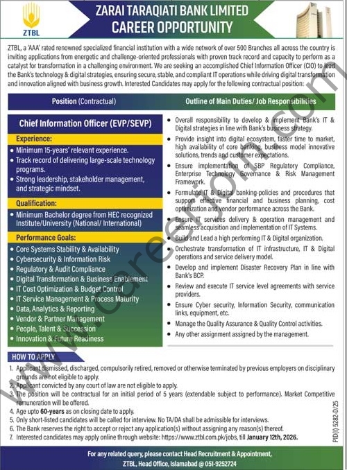 Zarai Taraqiati Bank Ltd ZTBL Jobs 28 December 2025 Jang
