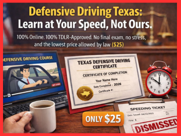 A driver in Texas using a smartphone to complete an Online Defensive Driving Texas course while waiting for a flight.