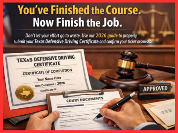 A driver holding a smartphone with a digital Texas Defensive Driving Certificate ready for upload to the municipal court portal.