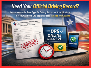 Official Texas Type 3A Driving Record for ticket dismissal, certified by the DPS.