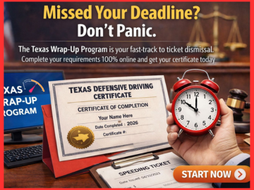 A Texas driver using their smartphone to finalize their ticket dismissal through the Texas Wrap-Up Program after a missed deadline.