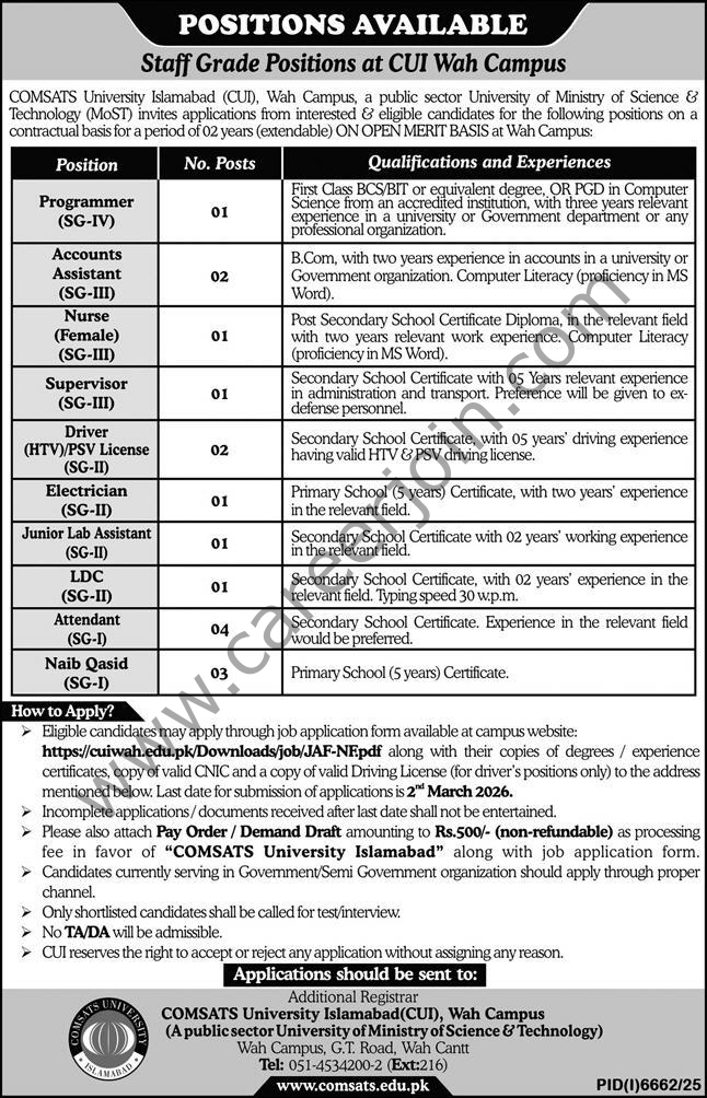 Comsats University Islamabad CUI Jobs 14 February 2026