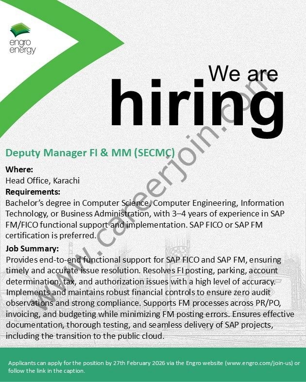 Engro Energy Limited Jobs Deputy Manager FI & MM 4 Engro Corporation
