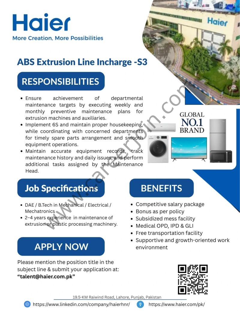 Haier Pakistan Jobs ABS Extrusion Line Incharge (S3) 4 HAier Pakistan 3