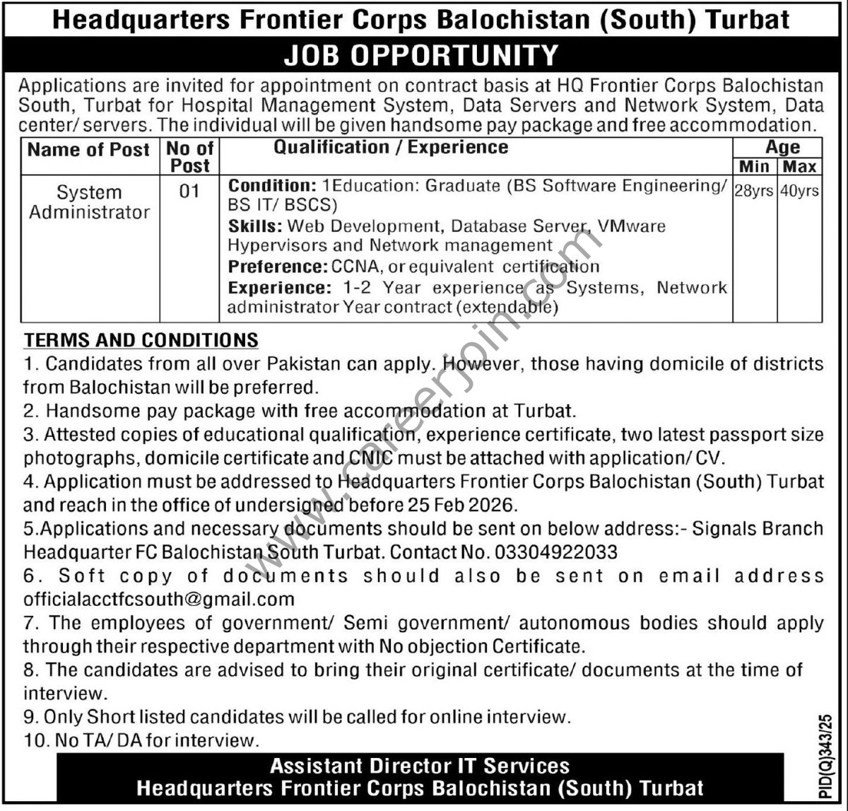Headquarters Frontier Corps Balochistan South Turbat Jobs System Administrator 4 Headquarters Frontier Corps Balochistan South Turbat Jobs 14 February 2026 Express Tribune 1200x1147 1