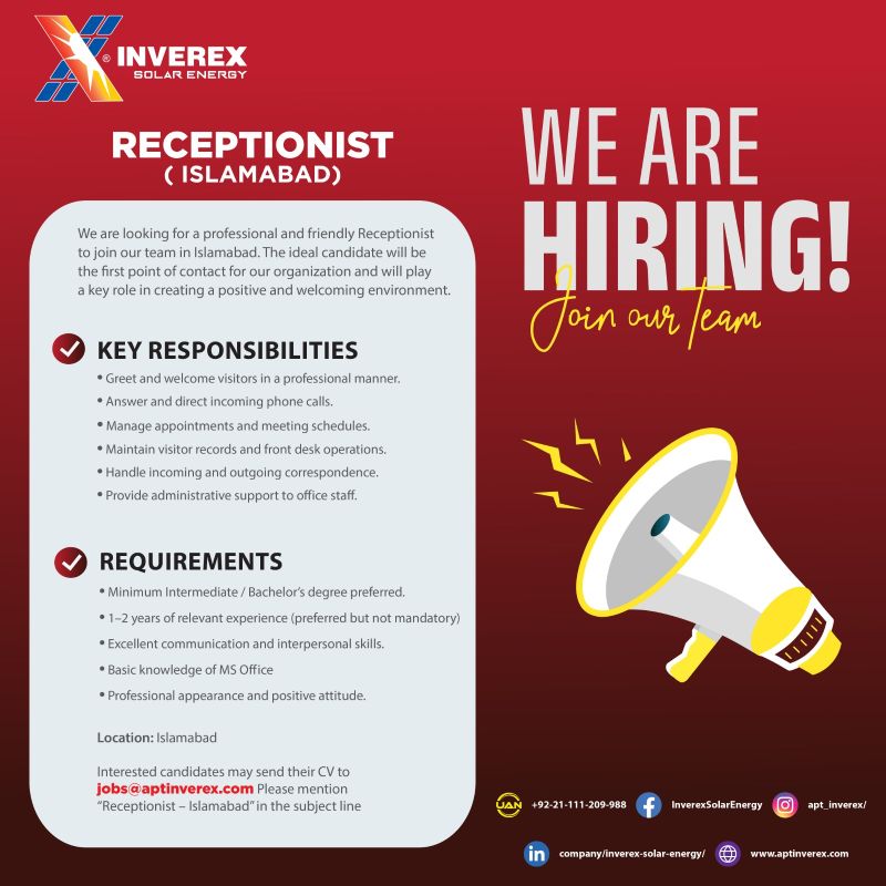 Inverex Solar Energy Jobs Receptionist 4 Inverex Pakistan