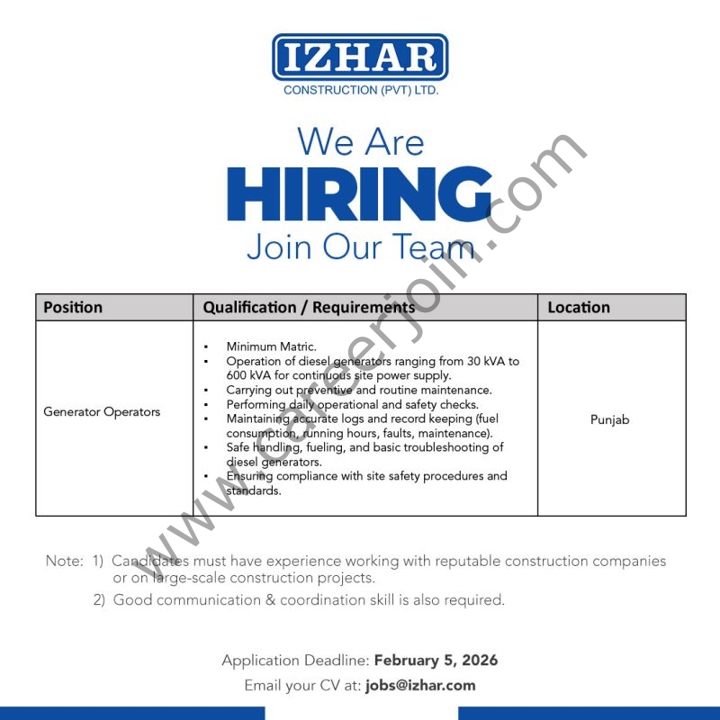 Izhar Construction Pvt Ltd Jobs Generator Operators 4 Izhar