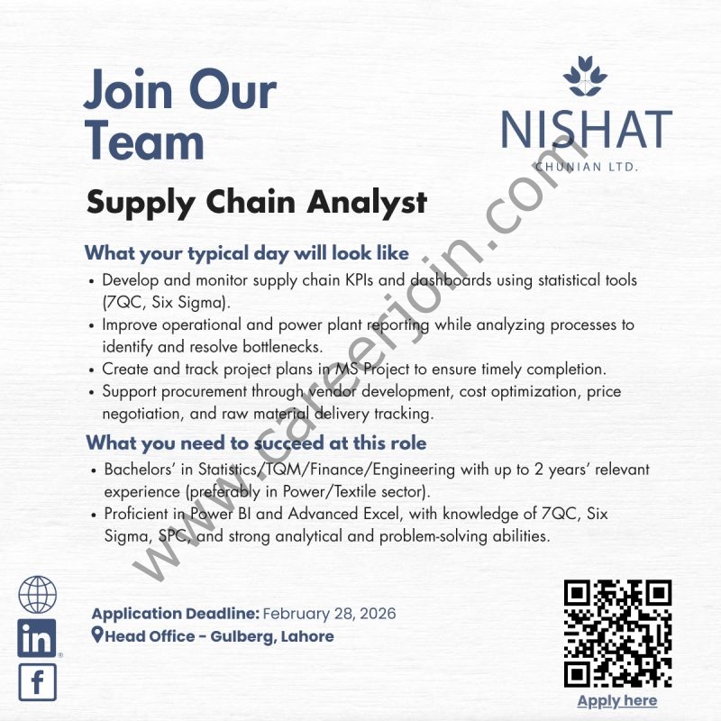 Nishat Chunian Ltd Jobs Supply Chain Analyst 4 NIshat Chunian Limited