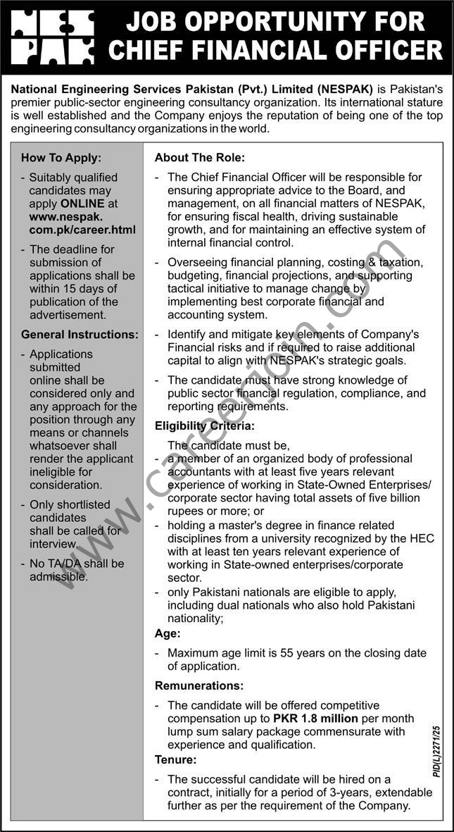 National Engineering Services Pakistan Pvt Ltd NESPAK Jobs Chief Financial Officer 4 National Engineering Services Pakistan Pvt Ltd NESPAK Jobs 18 February 2026