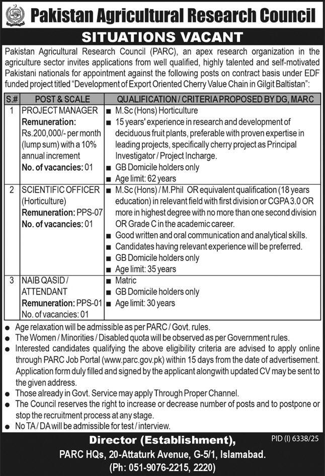 Pakistan Agricultural Research Council PARC Jobs 03 February 2026