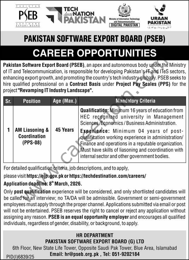Pakistan Software Export Board PSEB Jobs 21 February 2026