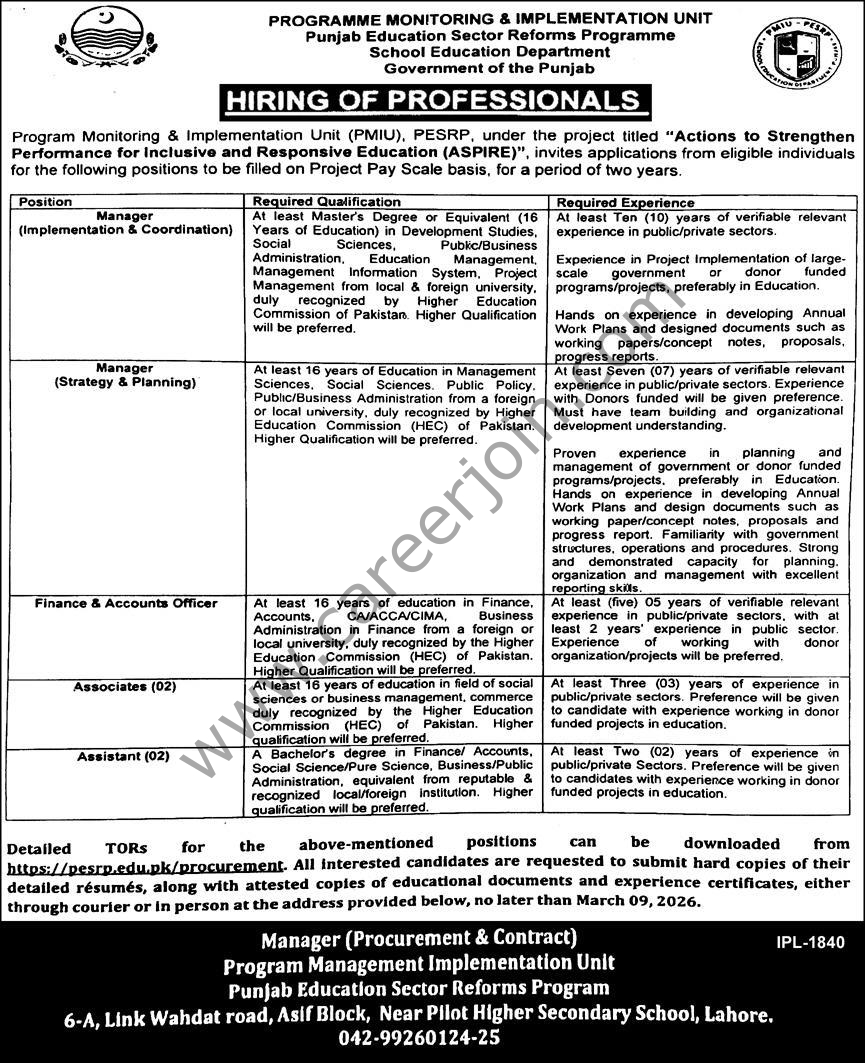Program Monitoring & Implementation Unit PMIU Jobs February 2026 4 Program Monitoring Implementation Unit PMIU Jobs 21 February 2026