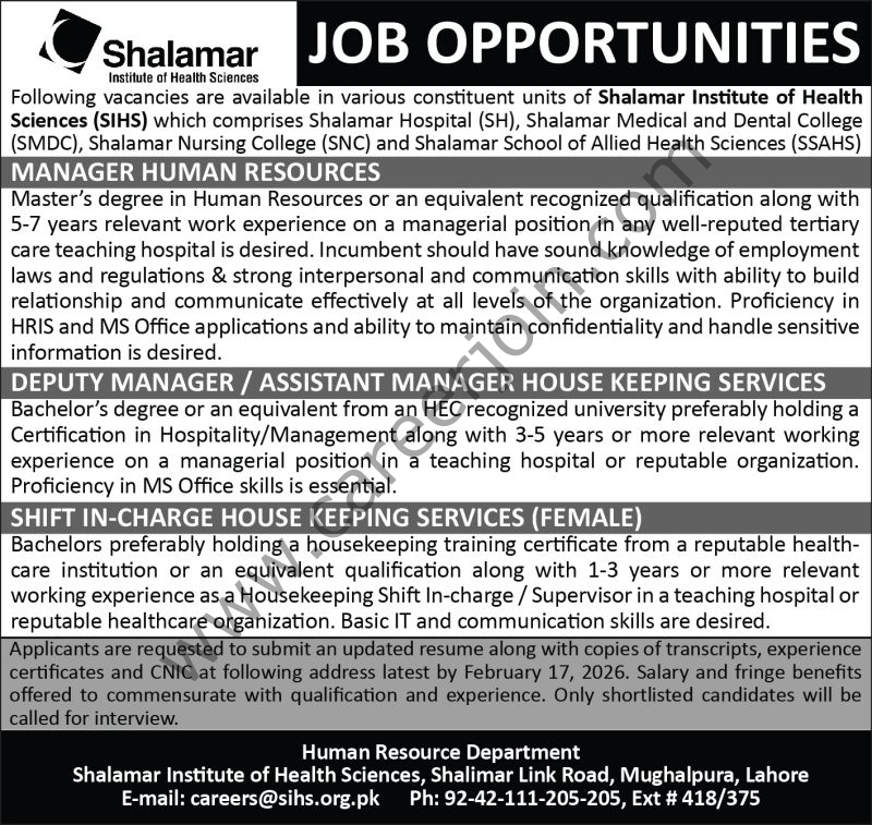 Shalamar Institute of Health Sciences (SIHS) Jobs February 2026 4 SHalamar