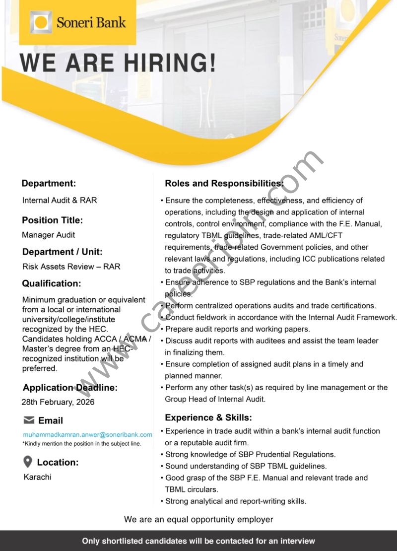 Soneri Bank Limited Jobs Manager Audit 4 Soneri Bank Limited