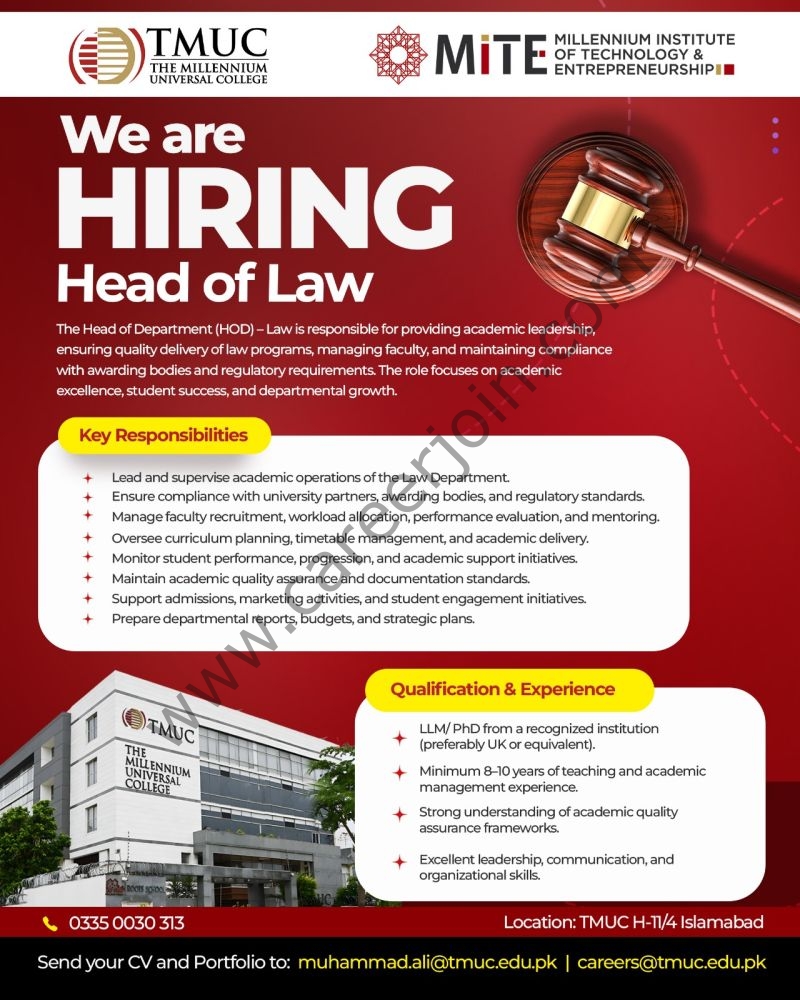 The Millennium Universal College (TMUC) Jobs Head of Law 4 TMUC
