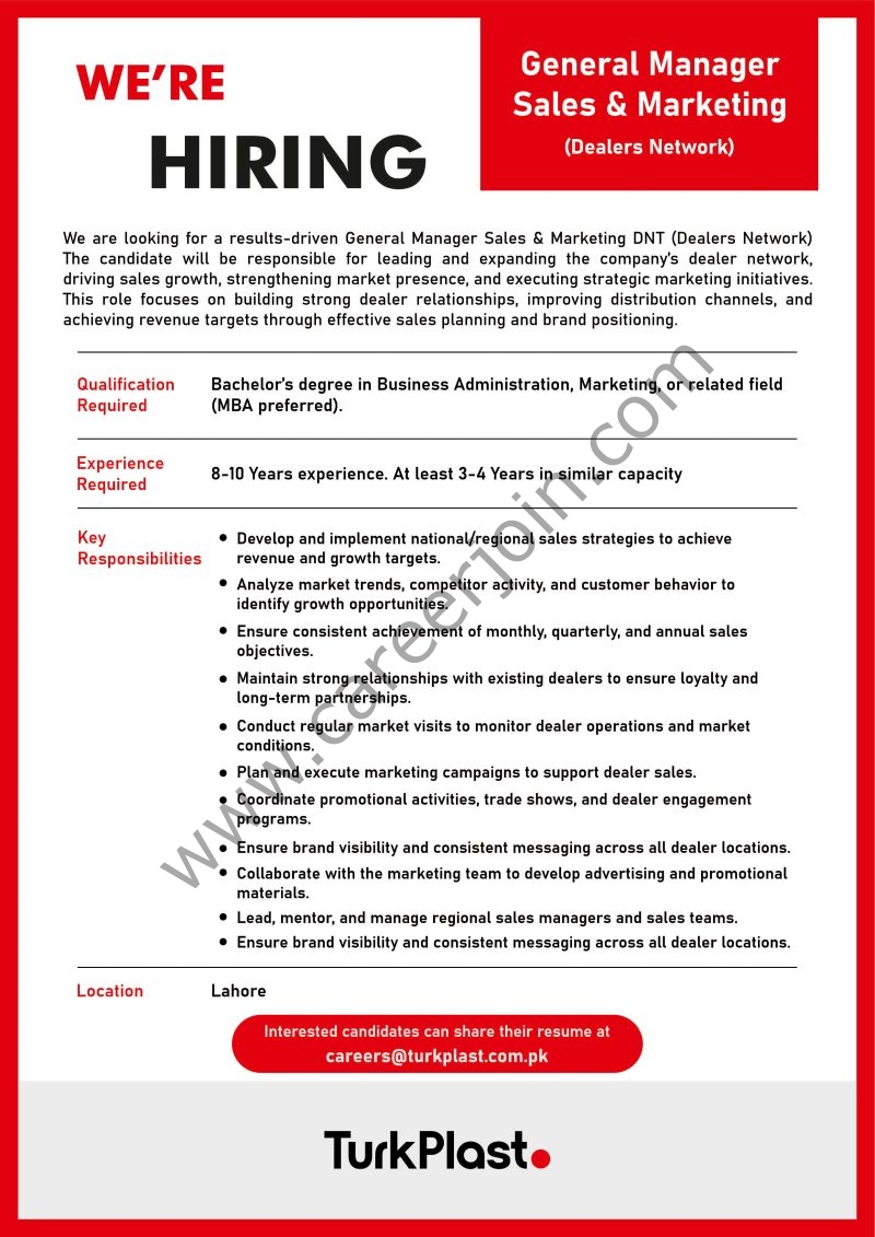 TurkPlast Pvt Ltd Jobs General Manager Sales & Marketing 4 TUrkplast