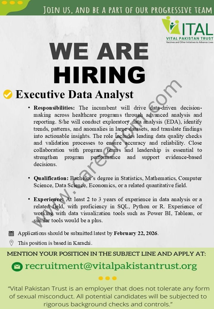 Vital Pakistan Trust Jobs Executive Data Analyst 4 Vutal Pakistan Trust