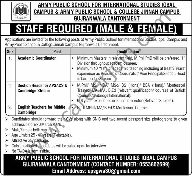 Army Public School For International Studies Jobs 10 March 2026