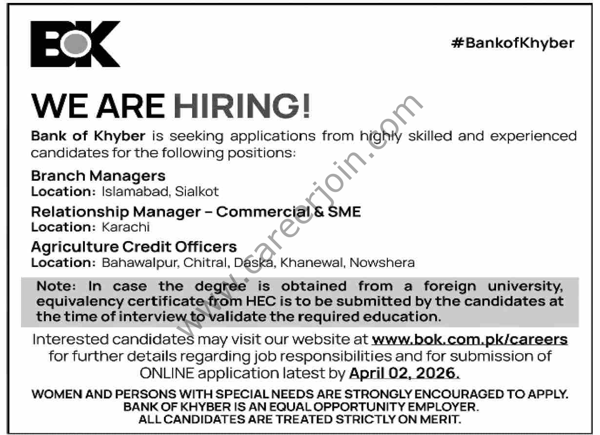 BOK Bank of Khyber Jobs 19 March 2026 Dawn