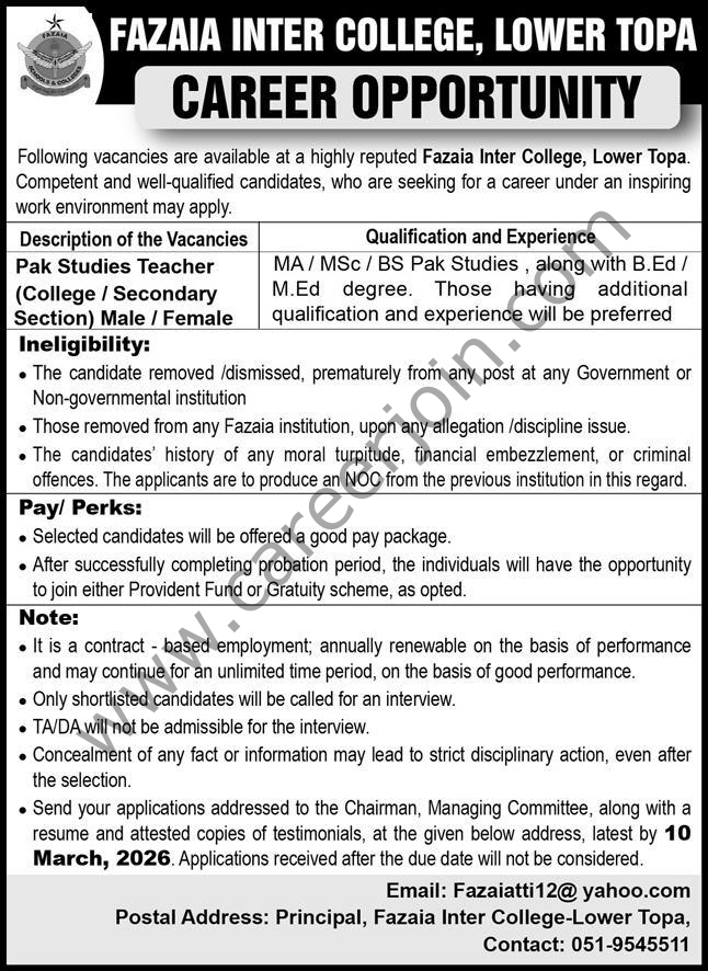Fazaia Inter College Lower Topa Jobs 01 March 2026