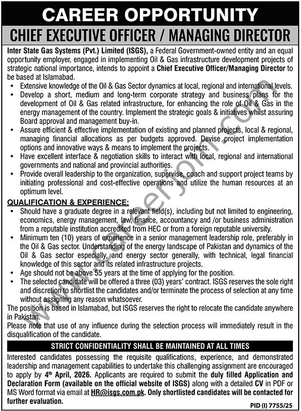 Inter State Gas System Pvt Ltd ISGS Jobs Chief Executive Officer / Managing Director 4 Inter State Gas System Pvt Ltd ISGS Jobs 19 March 2026 Nawaiwaqt