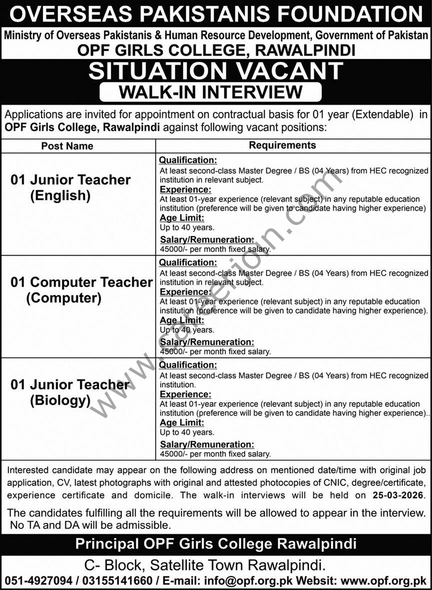 Overseas Pakistanis Foundation OPF Girls College Jobs 18 March 2026