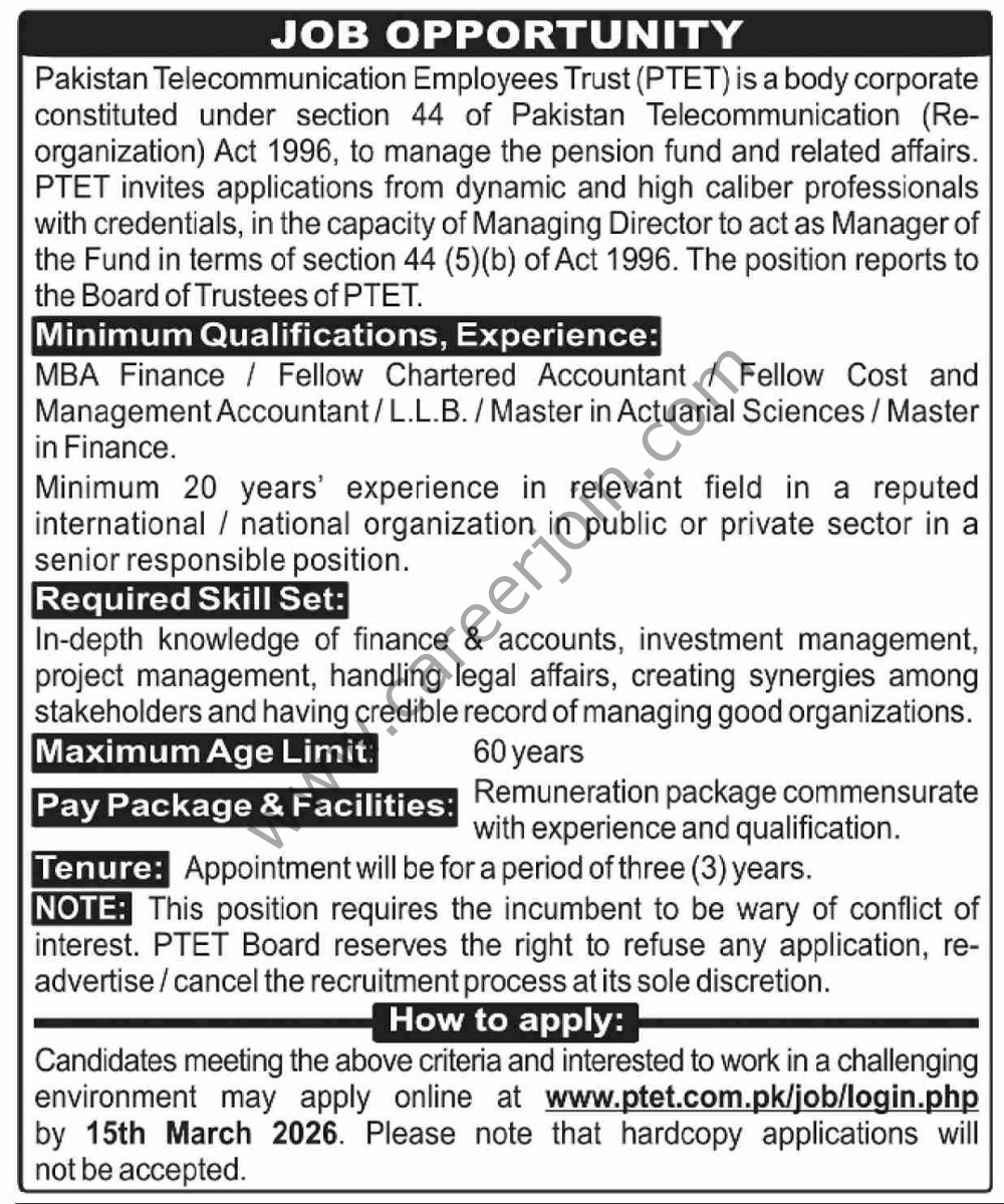 Pakistan Telecommunication Employees Trust PTET Jobs 01 March 2026 Dawn 1000x1200 1