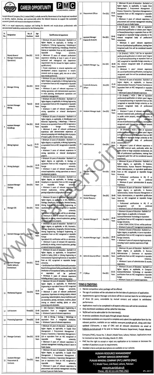 Punjab Mineral Co Pvt Ltd PMC Jobs 11 March 2026 Express Tribune 493x1200 1
