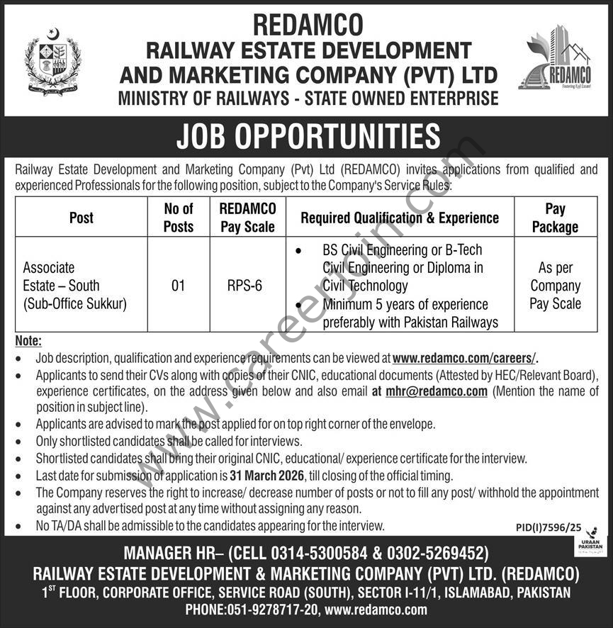 Railway Estate Development & Marketing Co Pvt Ltd REDAMCO Jobs 4 Railway Estate Development Marketing Co Pvt Ltd REDAMCO Jobs 19 March 2026