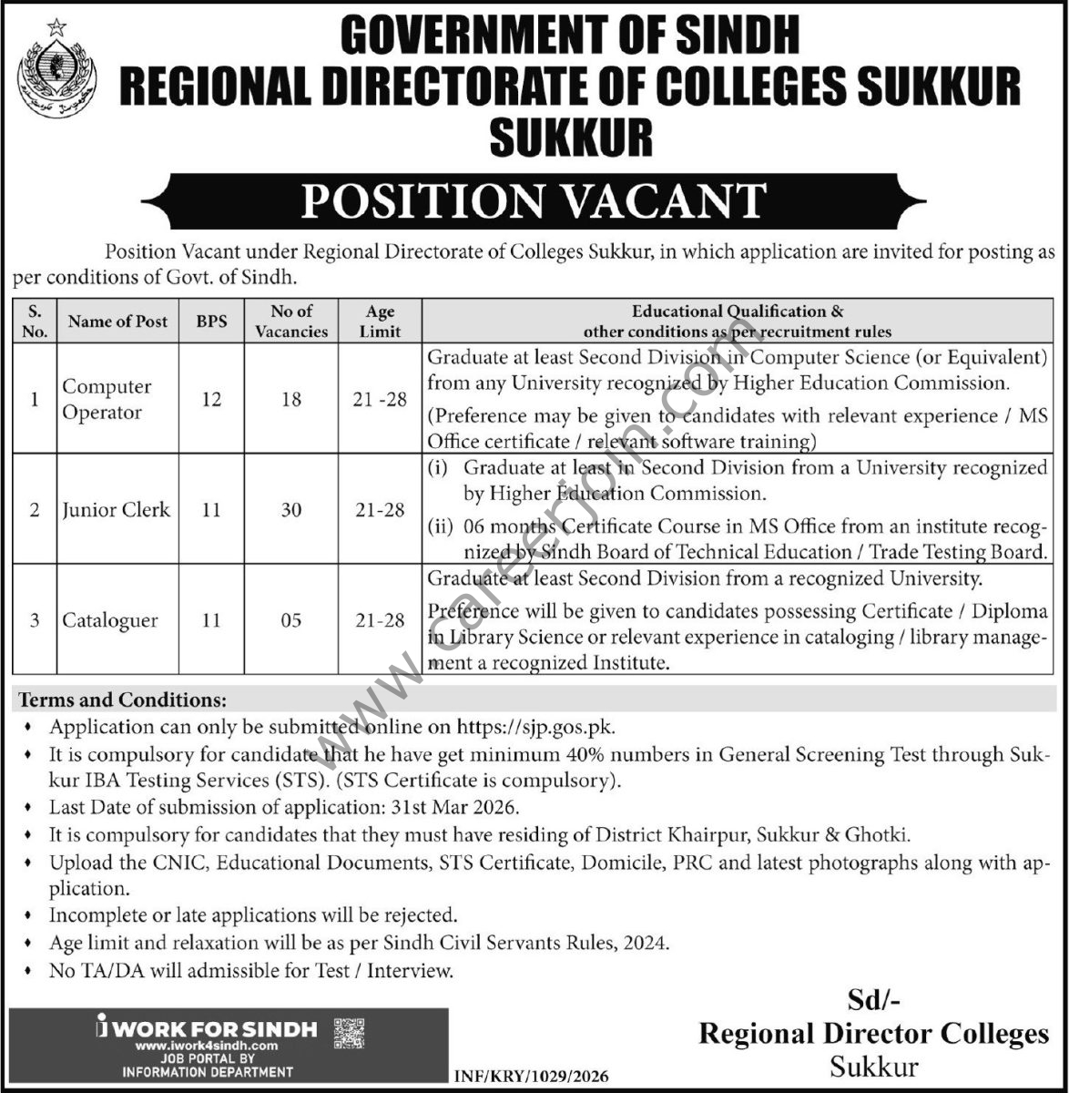 Regional Directorate of College Sukkur Jobs 11 March 2026 Express Tribune 1174x1200 1