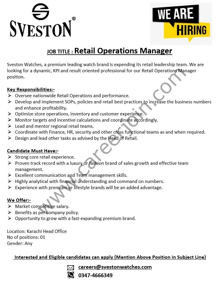 Sveston Watches Jobs Retail Operations Manager 4 Sveston